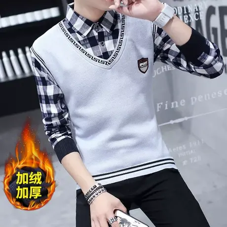 秋冬季中青年男士毛衣针织衫加绒加厚长袖韩版潮流假两件男衬衫领商品大图
