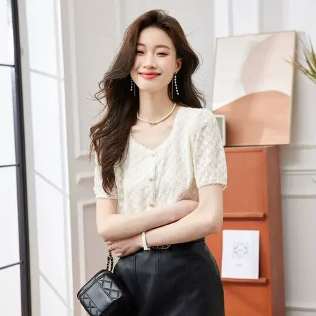 时尚气质方领短袖衬衫2023年夏季新款淑女温柔甜美显瘦通勤上衣商品大图