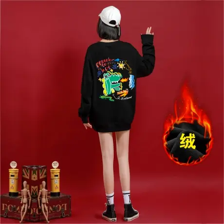 Ohlyah小怪兽印花加绒加厚保暖圆领卫衣女情侣宽松大码休闲外套女商品大图