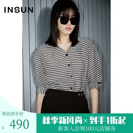 恩裳COVER2023夏装新款黑白人棉混纺色织格子倒褶五分灯笼袖衬衫图片