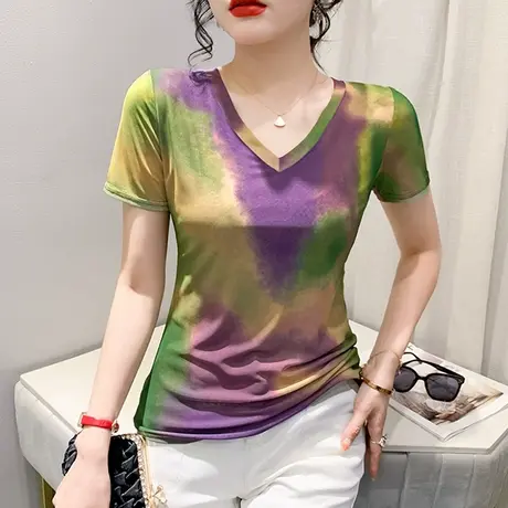 扎染印花上衣女短袖欧货性感V领网纱T恤时尚洋气上衣修身显瘦丅恤商品大图