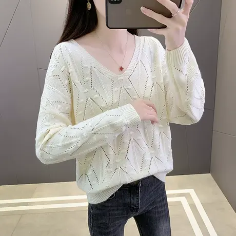 秋季2023年新款女装v领镂空洋气毛衣针织衫女薄款春秋长袖上衣潮图片