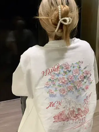 国潮牌白色花卉纯棉创意短袖T恤女2023夏季新款oversize小众上衣商品大图