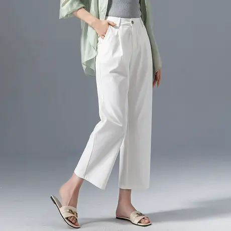 白色窄版冰丝直筒裤女夏季薄款2023新款小个子八分九分天丝阔腿裤商品大图