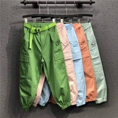 春夏薄款新款工装裤女糖果色高腰宽松休闲九分牛仔个性束脚哈伦裤商品大图