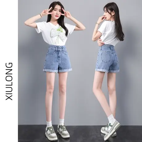 浅色高腰牛仔短裤女春秋季款2023新款小个子梨形胖mm阔腿辣妹热裤商品大图