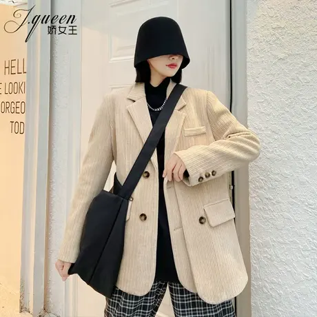 灯芯绒西装外套女加厚秋复古英伦风宽松休闲百搭加绒假两件小西服图片