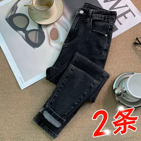 灰色小脚牛仔裤女春秋2023年新款高腰显瘦弹力修身九分紧身铅笔裤商品大图