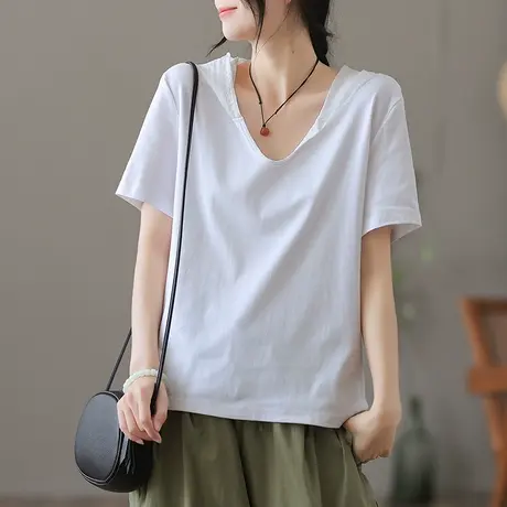 dza复古纯色全棉连帽半袖t恤女士夏薄款短袖体恤宽松打底短款上衣商品大图