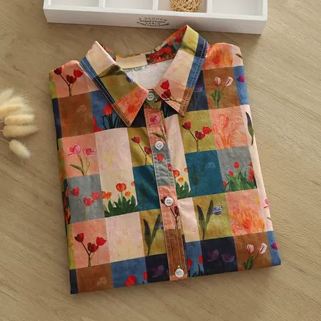 秋装韩版文艺小清新印花纯棉长袖格子衬衫女宽松复古百搭打底上衣图片