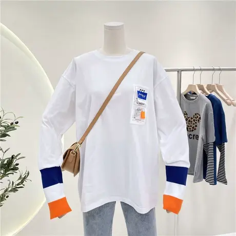 长袖t恤女春秋冬韩版ins潮设计感拼接撞色宽松显瘦白色打底衫上衣商品大图