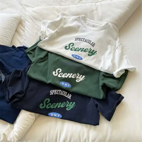 美式复古撞色字母印花短袖T恤女宽松百搭休闲圆领上衣潮2023夏装商品大图