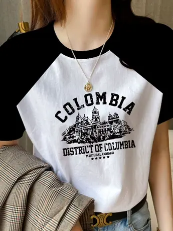 仿棉短袖t恤女2023新款夏季美式复古潮牌小众设计感撞色正肩上衣图片