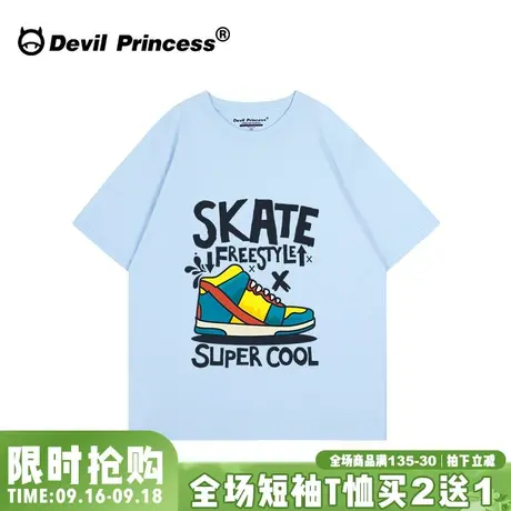 vintage古着感港风天空蓝短袖t恤女宽松韩版小众设计感上衣ins潮图片