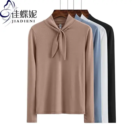 秋冬新款韩版半高领纯棉纯色休闲长袖体恤打底衫修身女装上衣T恤商品大图