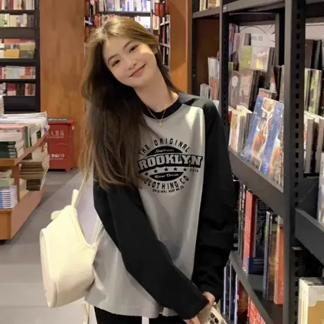 美式复古插肩长袖t恤女春秋薄款打底衫外穿宽松慵懒风上衣服初秋商品大图