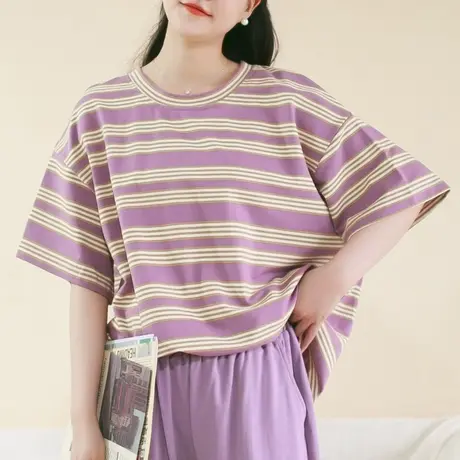胖妹妹夏季2023新款紫色条纹短袖韩系好搭配减龄T恤加大码棉质T恤商品大图