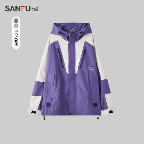 三福2023秋男士时尚印花拼色夹克 潮流宽松连帽外套男477236商品大图