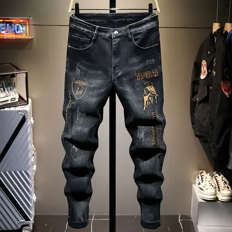 春季潮牌刺绣牛仔裤男修身小脚中国风男装韩版潮流绣花长裤子男士商品大图