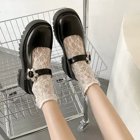 2023白色松糕厚底小皮鞋女方头粗跟单鞋小个子增高鞋水钻玛丽珍鞋商品大图