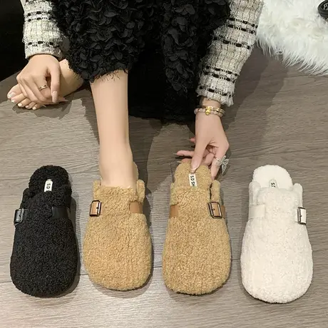 毛毛拖鞋女外穿2023年冬季新款一脚蹬平底懒人包头棉拖鞋网红爆款商品大图