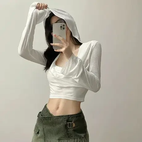 防晒衫拽酷辣妹风连帽女2024夏季薄款小众设计感短款露脐上衣百搭图片