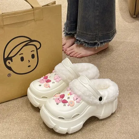 可爱小猪洞洞鞋女冬季可外穿加绒保暖松糕厚底高跟包头两穿棉拖鞋商品大图