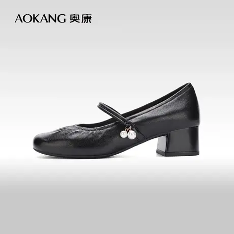 【门店发货】奥康女鞋 2024春季新款一字带浅口粗跟玛丽珍单鞋图片