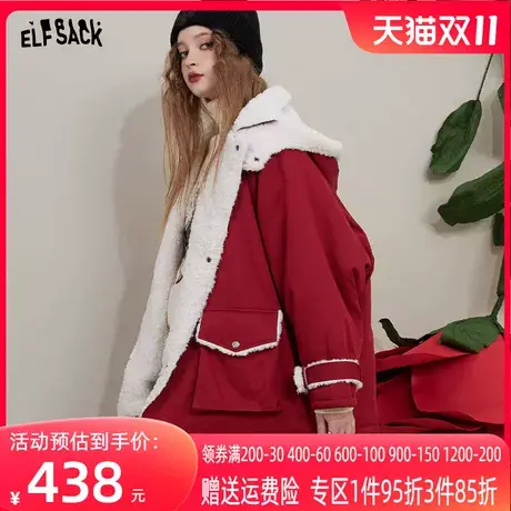 妖精的口袋红色羊羔绒棉服女2022冬季新款小个子甜美短款棉衣外套图片