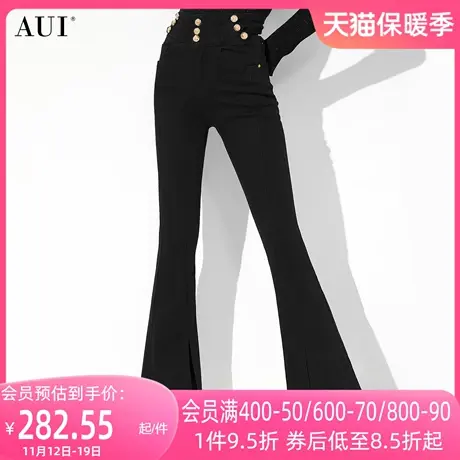 AUI黑色高腰显瘦微喇叭裤子女2023秋新款设计感小众气质休闲长裤图片