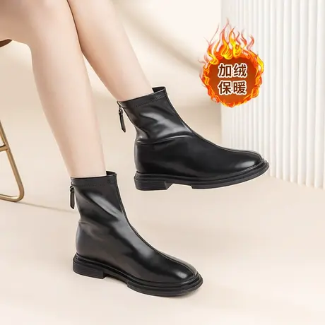 红蜻蜓秋冬季简约加绒女短靴2023新款女鞋休闲圆头中年妈妈鞋舒适图片