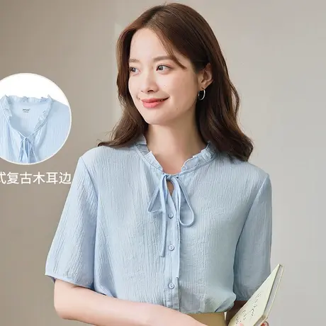 茵曼2023年夏季花边领系带短袖衬衣女纯色衬衫上衣图片