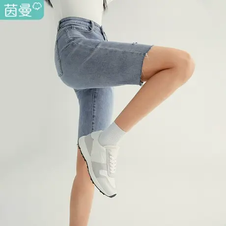 【商场同款】茵曼早秋装新款洗水做旧个性磨毛裤脚牛仔五分裤图片