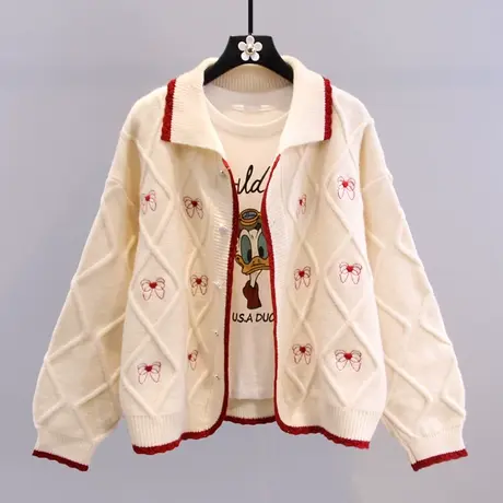 刺绣蝴蝶结毛衣外套女秋冬2023年新款宽松外穿慵懒风减龄针织开衫商品大图