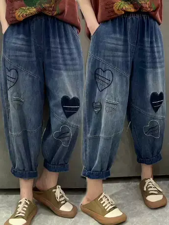 2023夏季新款刺绣牛仔裤女宽松大码复古哈伦裤松紧腰休闲九分裤潮商品大图