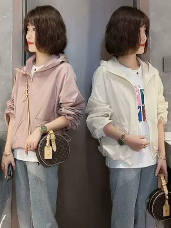 防晒衣女外套2023夏季新款连帽纯色拉链宽松防晒衣短款夹克外套女图片