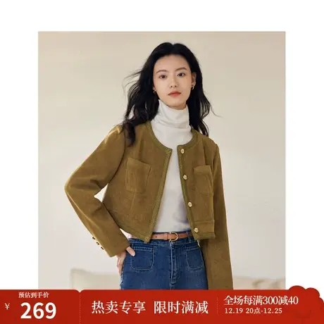 茵曼田园复古小香风坑条灯芯绒短外套2023冬女装新款圆领显高上衣商品大图