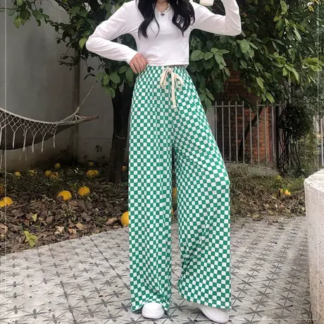 阔腿裤女2023年新款春秋垂感宽松直筒裤子夏季冰丝休闲格子运动裤商品大图