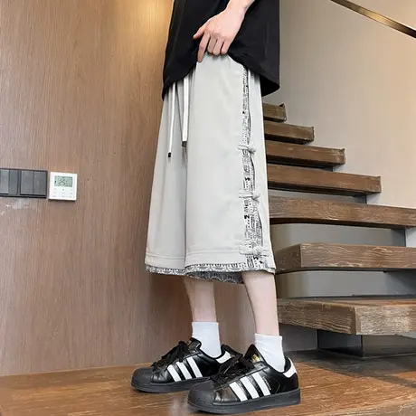 新中式七分裤男夏季宽松直筒休闲裤子男潮牌运动裤假两件国风短裤商品大图