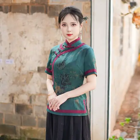 筠雅夏季新款复古改良中式唐装上衣女原创素色斜襟短袖女装25J112商品大图