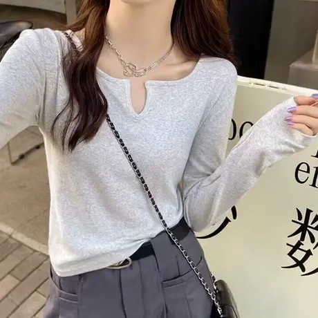 法式小U领长袖T恤女秋季韩版洋气减龄修身显瘦内搭打底衫上衣服潮商品大图