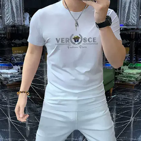欧洲站男士短袖圆领t恤衫丝光棉男装半袖上衣立体滴胶工艺潮白色图片