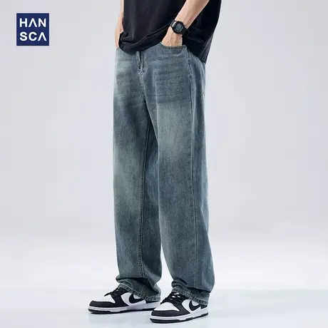 hansca美式街头复古潮牌牛仔裤男士夏季新款直筒青少年宽松长裤子商品大图
