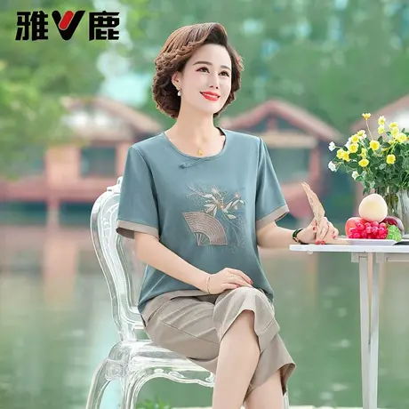雅鹿中老年妈妈装夏季套装2025新款圆领短袖国风刺绣轻薄休闲上衣图片