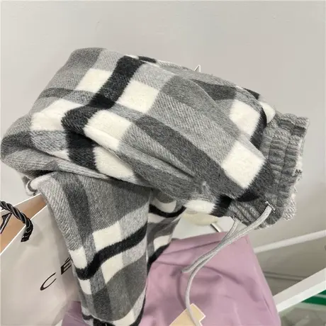 阔腿休闲格子裤女春秋韩版宽松高腰百搭毛绒感运动长裤子ins潮流商品大图
