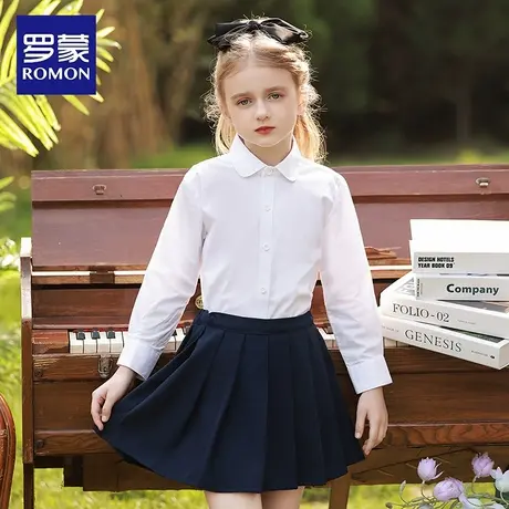 罗蒙女童白衬衫2025夏季学院风小女孩翻领纯洋气棉韩版校园服衬衣商品大图