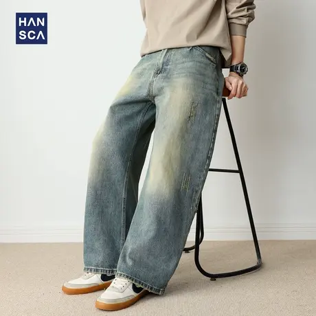 hansca美式复古水洗牛仔裤2025新款男潮牌高端破洞阔腿弯刀长裤子商品大图