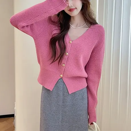 唐狮秋冬季气质温柔V领开衫女针织外套春秋高级感短款时尚外套TE图片