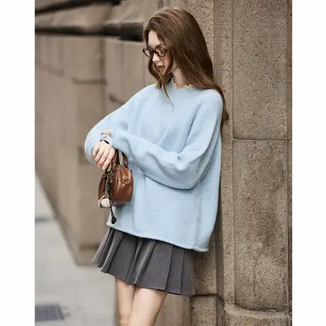 唐狮女秋冬圆领毛衣简约大气净色插肩袖自然卷边毛线衫女慵懒tuTA商品大图