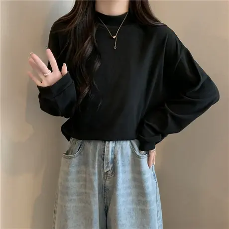 秋冬季半高领德绒长袖T恤女内搭宽松显瘦打底衫加绒加厚保暖上衣商品大图